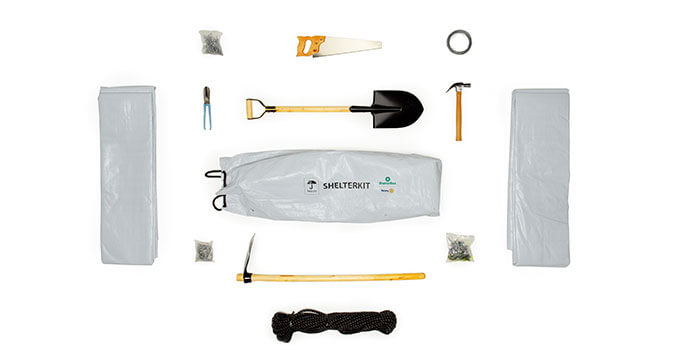 Shelter Kit contents: Tarpaulin, rope, hoe, saw, shovel, hammer and other building materials